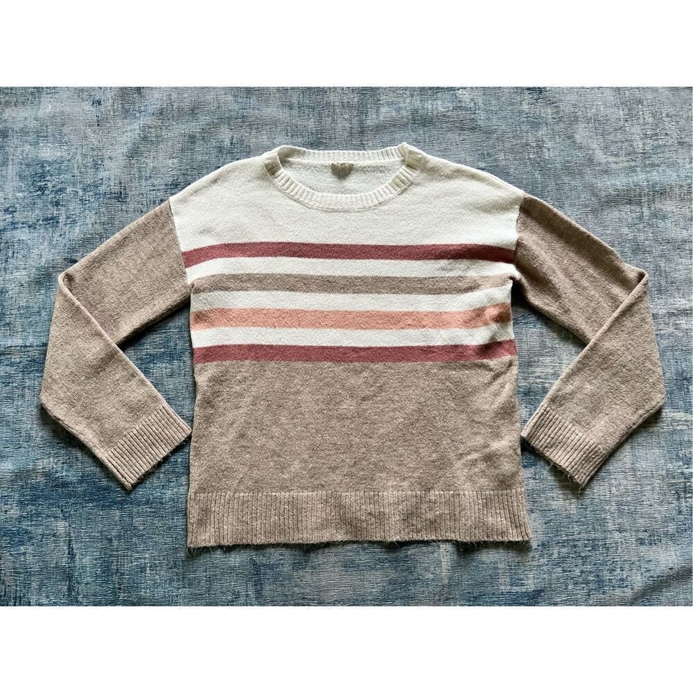 Hem & Thread Ivory Tan Color Block Stripe Acrylic Blend Sweater Large